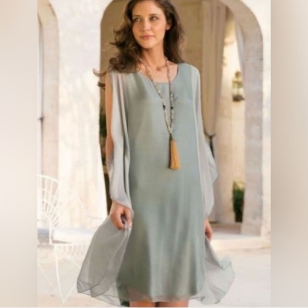 SOFT SURROUNDINGS Icon Morlaix Gray Mist 100% Silk Cape Overlay‎ Mini Dress SZ M